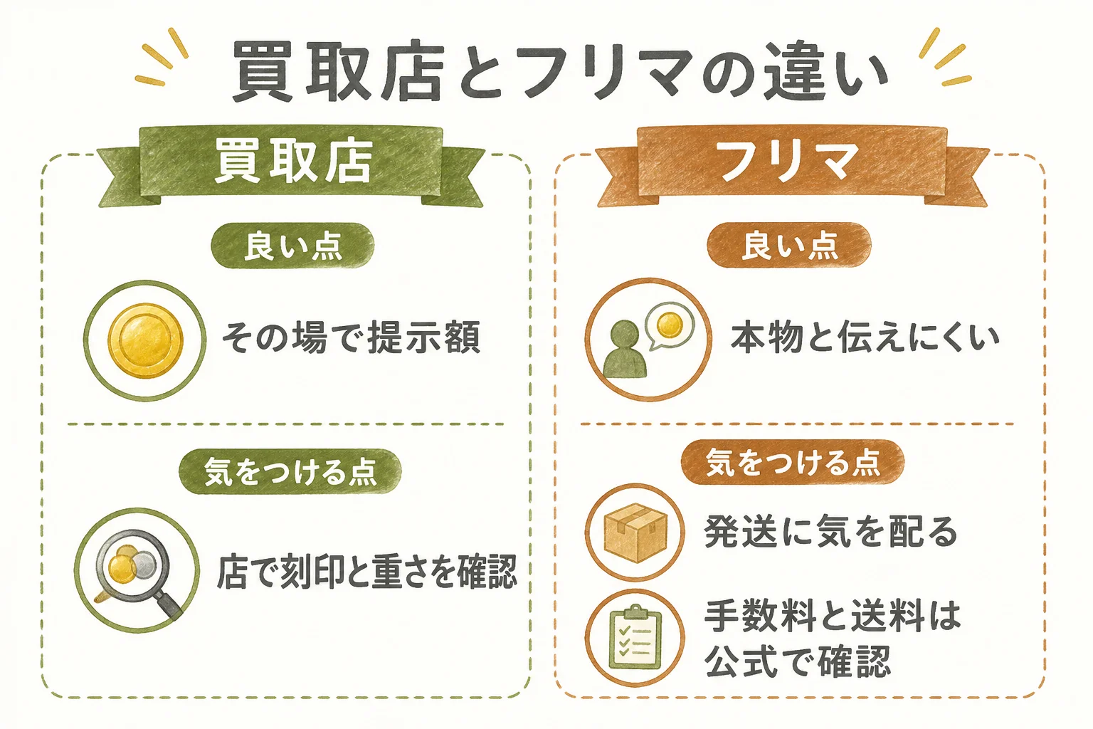 純金メダルを買取店で売る場合とフリマで売る場合の違いの図解