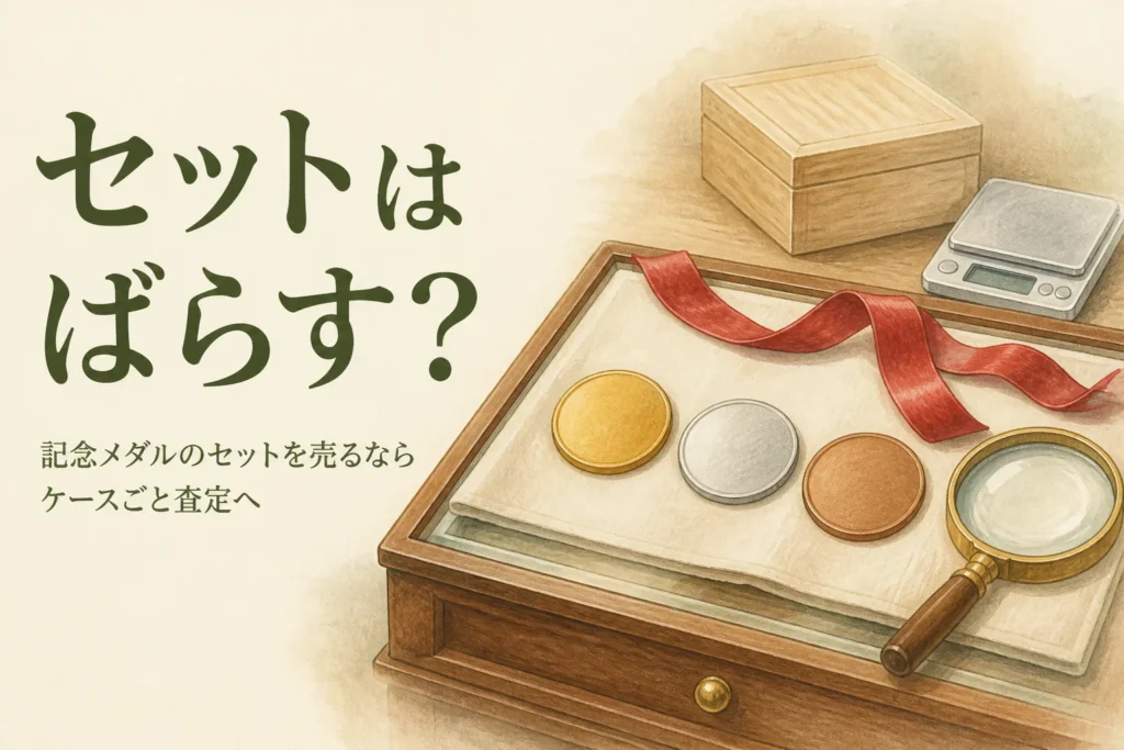 記念メダルのセットを売る時の考え方のアイキャッチ。無地の金色・銀色・銅色のメダル3枚が並んだケース
