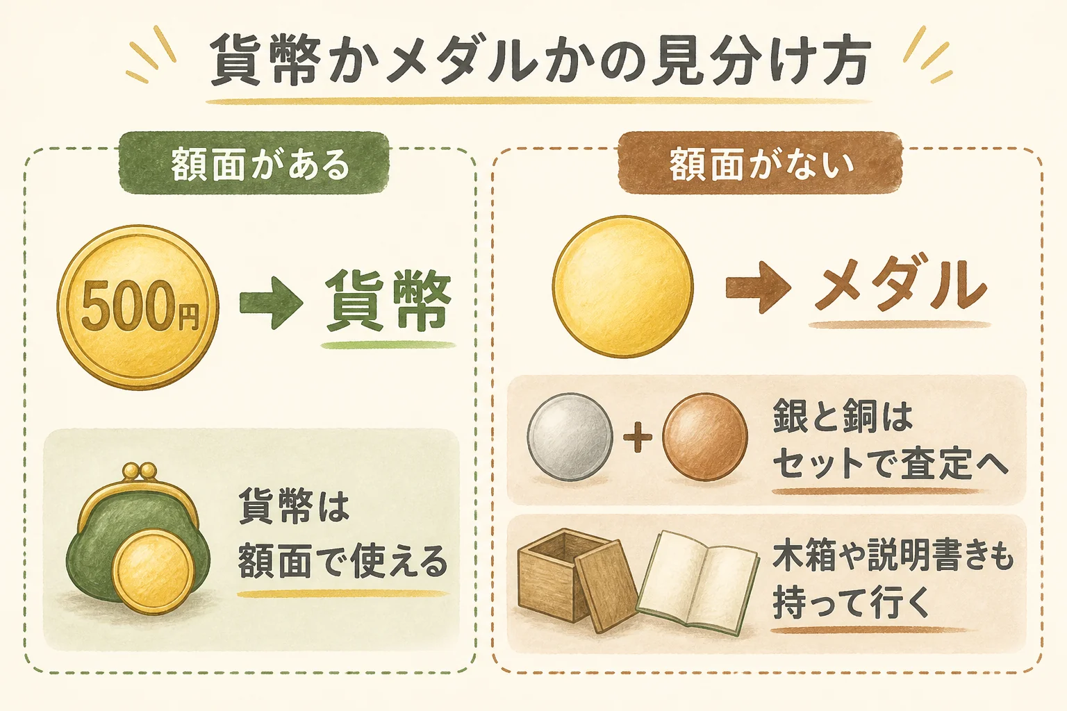 瀬戸大橋の記念品が貨幣かメダルかを見分ける図解
