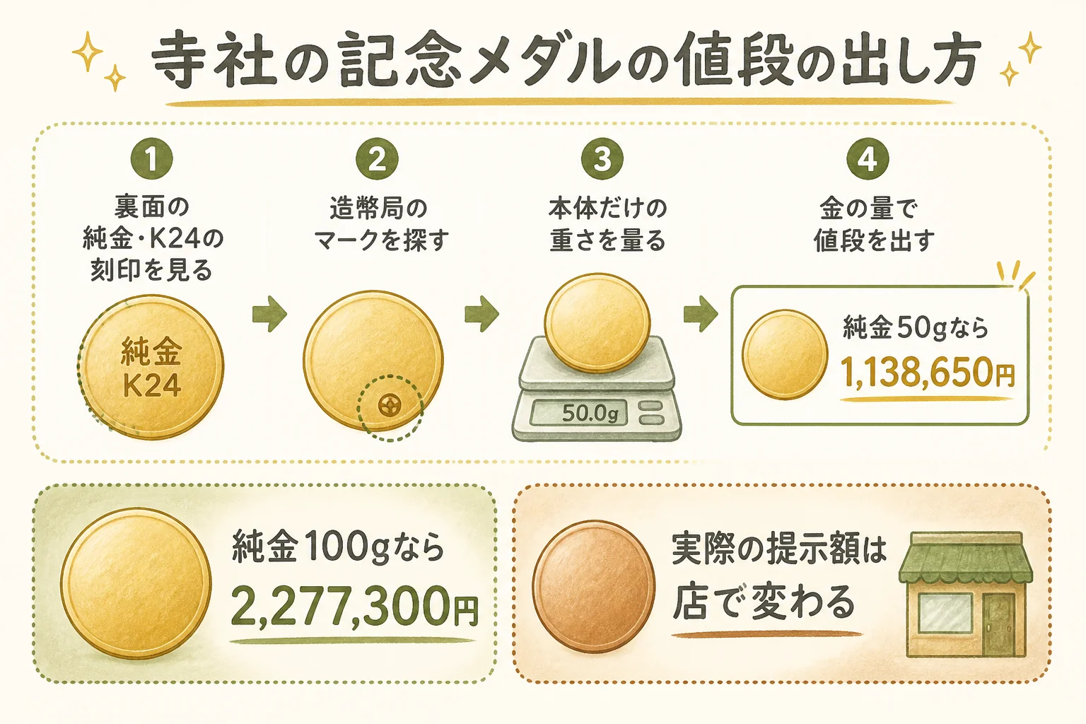 寺社の記念メダルの値段の目安を出す手順の図解