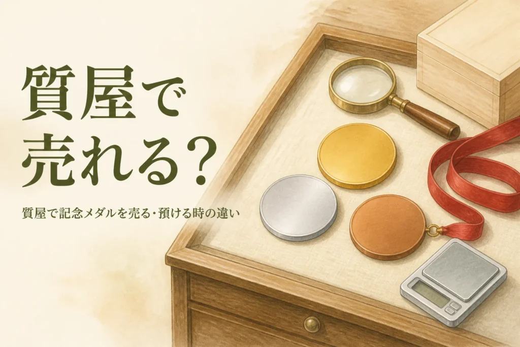 無地の金色と銀色のメダルとはかりのイメージ、「質屋で売れる？」の文字