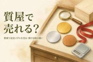 無地の金色と銀色のメダルとはかりのイメージ、「質屋で売れる？」の文字