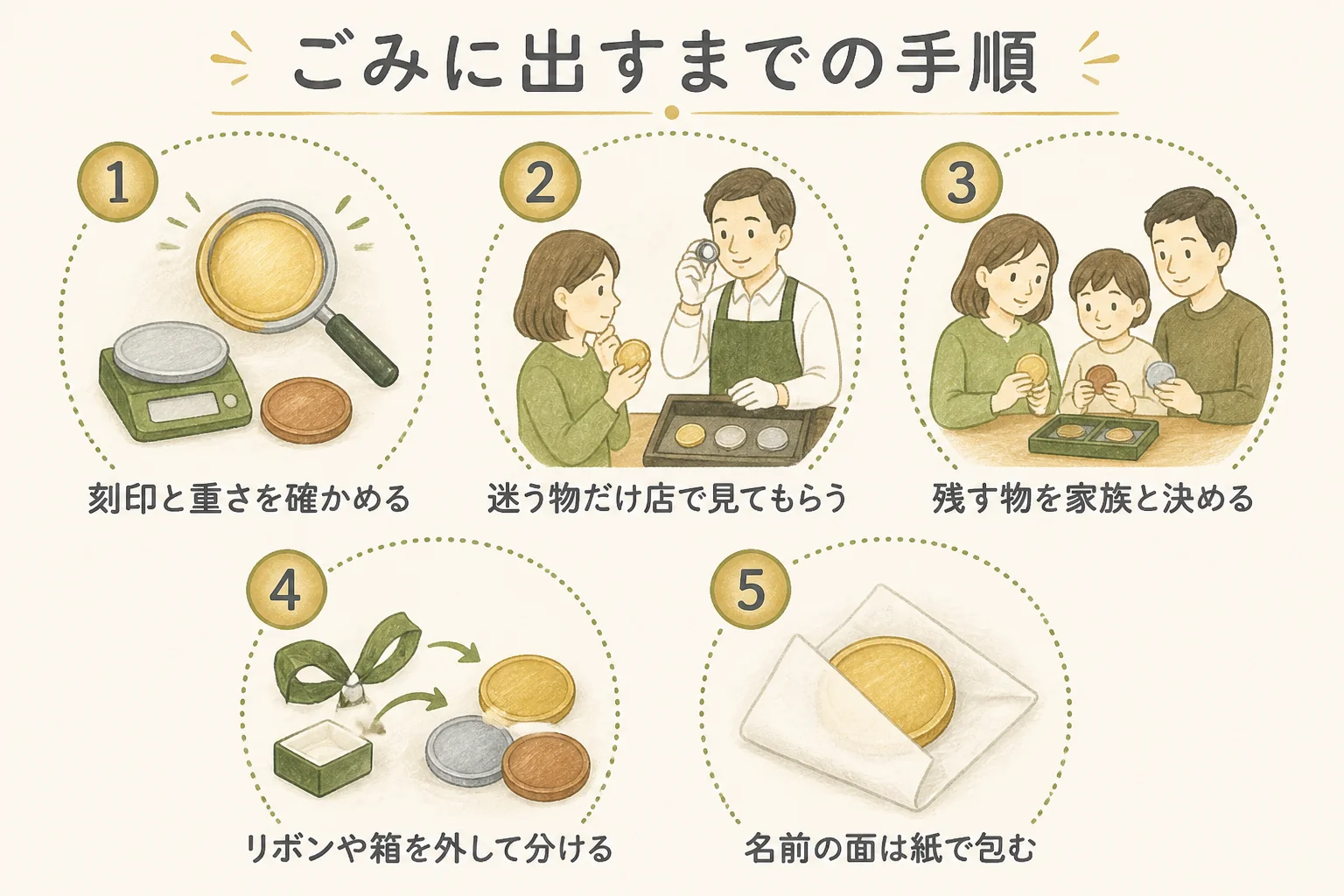 売れなかった記念メダルをごみに出すまでの手順の図解
