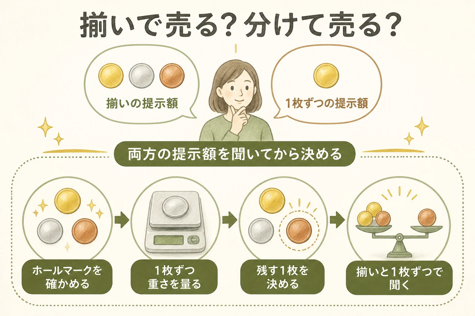純金メダル植物コレクションを揃いで売るか分けて売るかを決める手順の図解