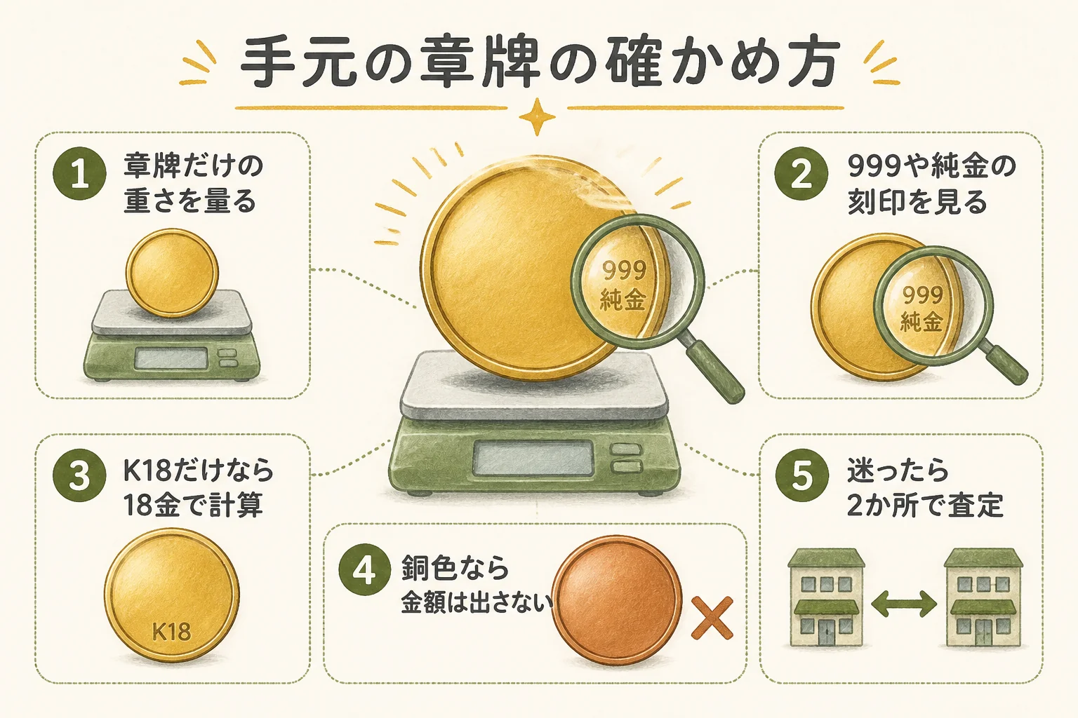 手元の国宝章牌の素材を刻印と重さで確かめる手順の図解