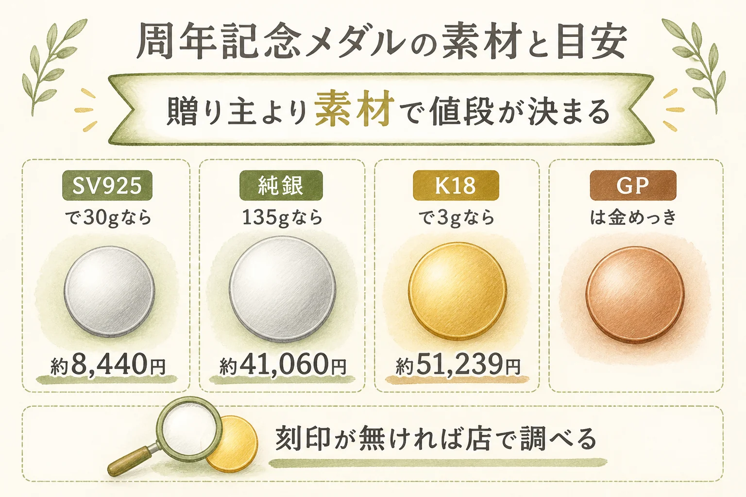 周年記念のメダルの素材と値段の目安を確かめる図解