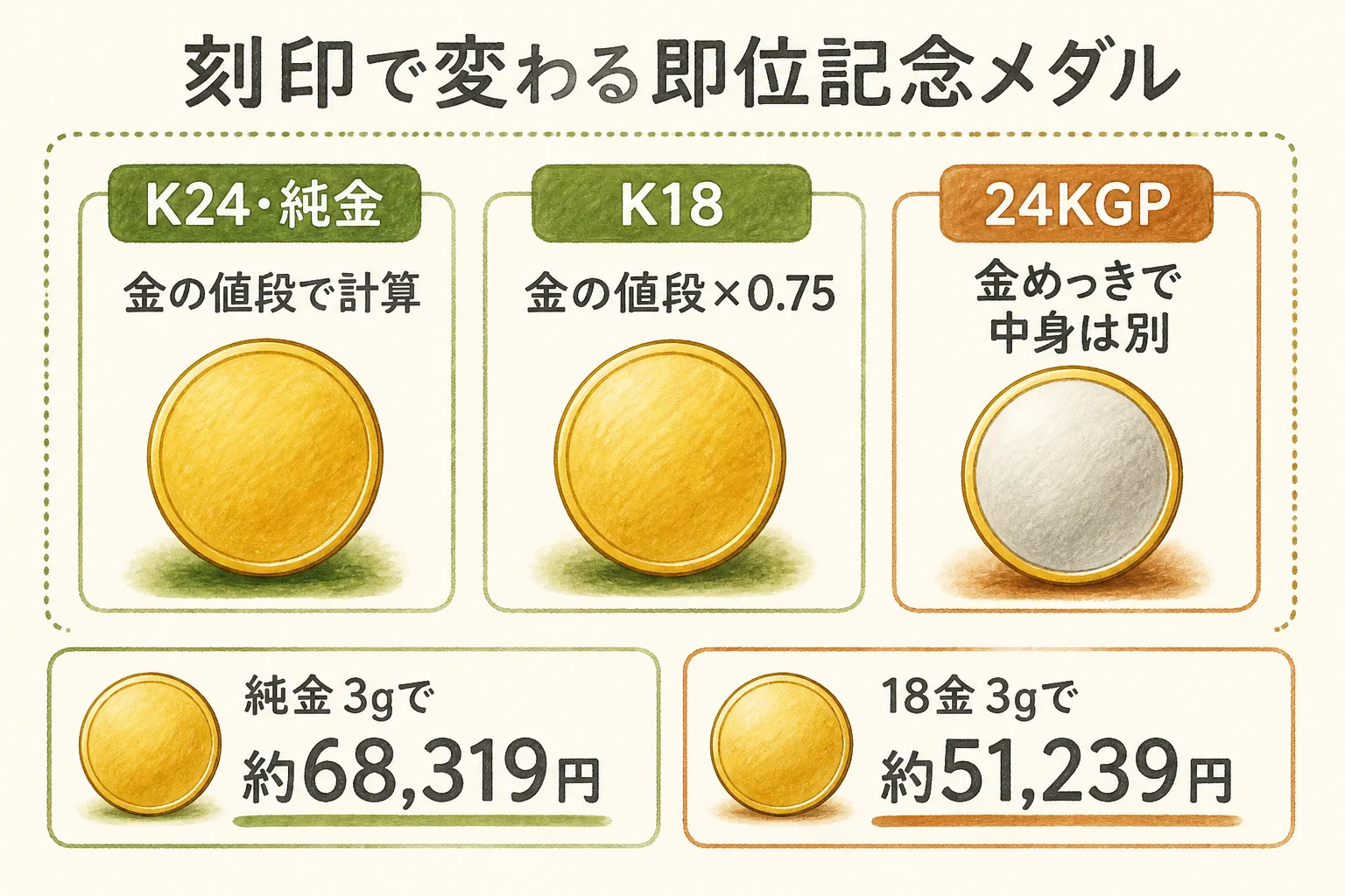 即位記念メダルの刻印と値段の目安の図解