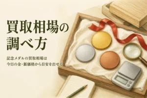 記念メダルの買取相場の調べ方のアイキャッチ。無地の金色・銀色・銅色のメダルとメモ帳、はかり