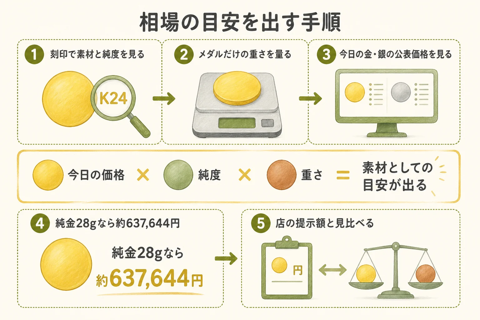記念メダルの買取相場を今日の価格から調べる手順の図解