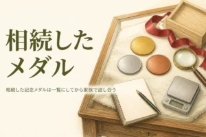 相続した記念メダルの扱いのアイキャッチ。無地のメダル3枚とノート、はかり