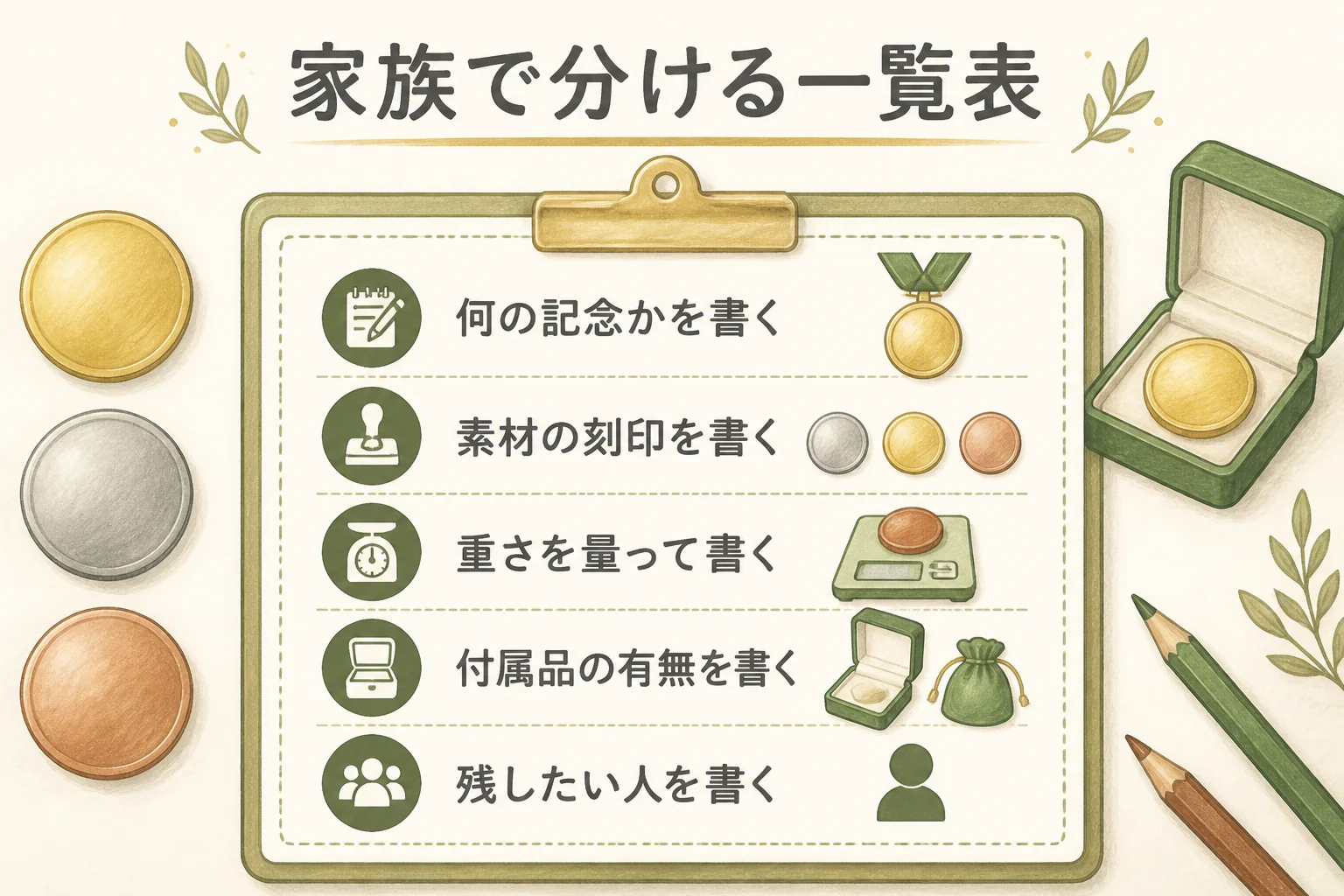 相続した記念メダルを家族で分けるための一覧表の作り方を示した図解