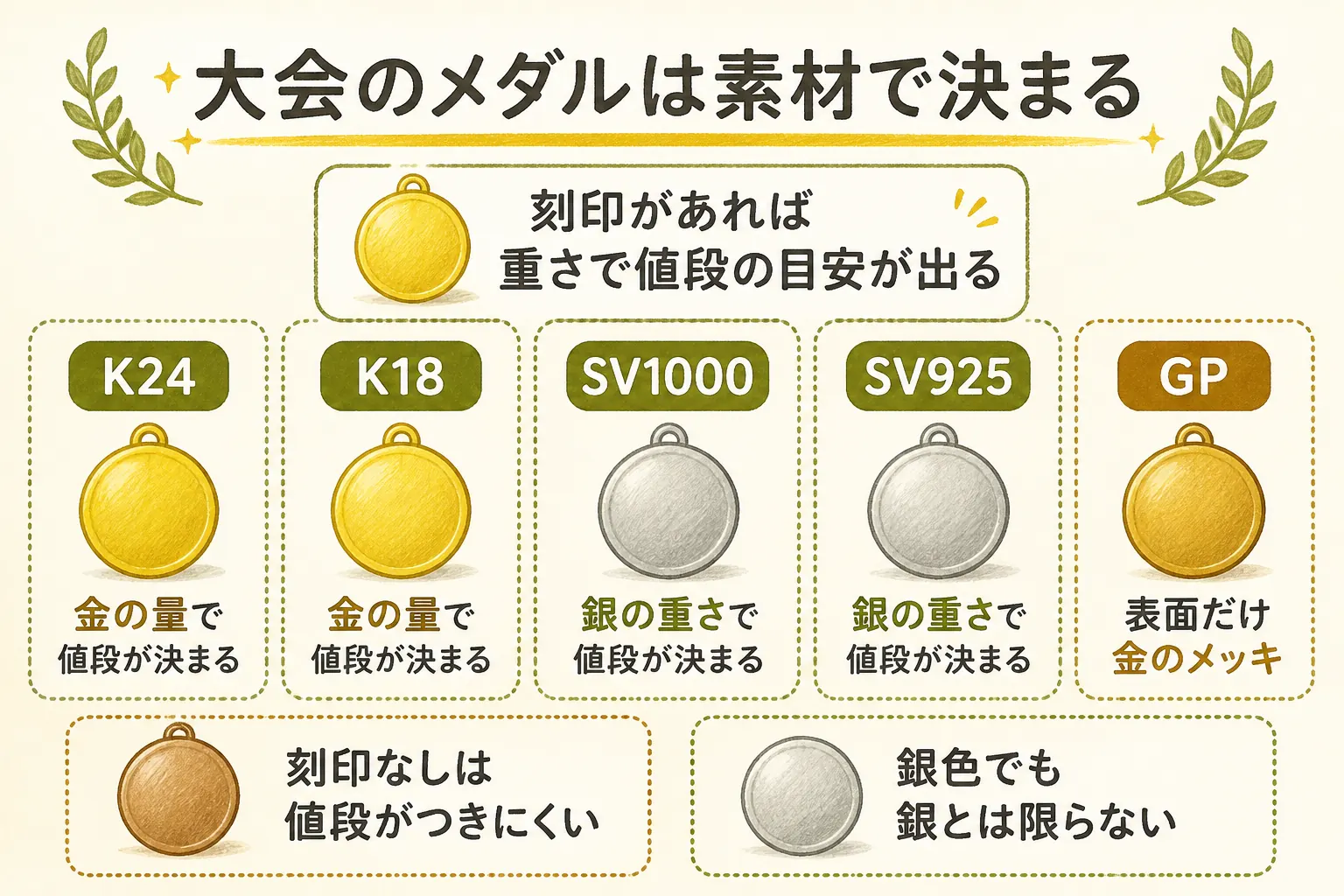 スポーツ大会のメダルが売れるかを素材で見分ける図解