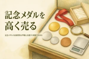 無地の金色・銀色のメダルとはかり・メモ帳のイメージ、「記念メダルを高く売る」の文字