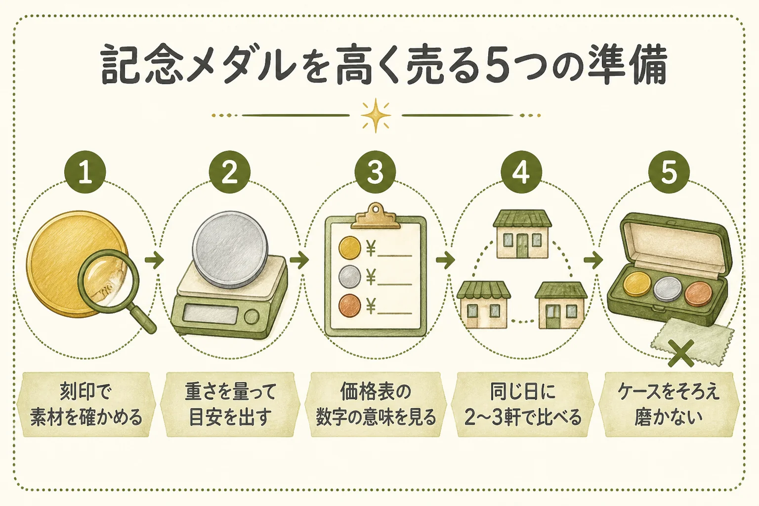記念メダルを高く売る5つの準備の図解
