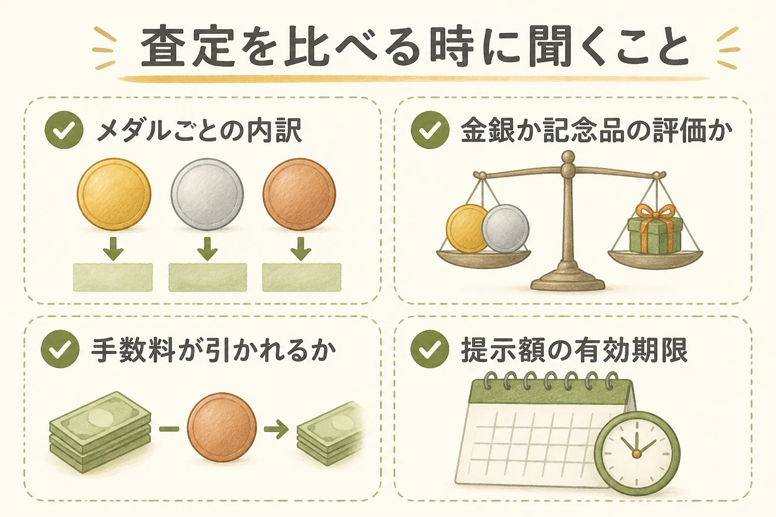 記念メダルの査定を比べる時のチェックの図解