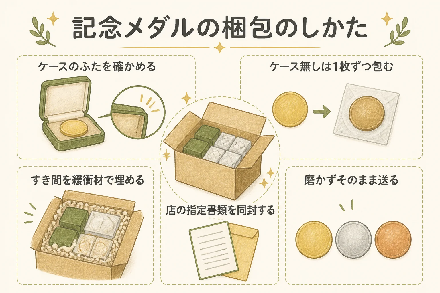 記念メダルを宅配で送る前の梱包の図解