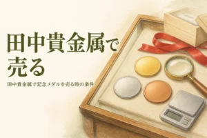 無地の金色と銀色のメダルとはかりのイメージ、「田中貴金属で売る」の文字