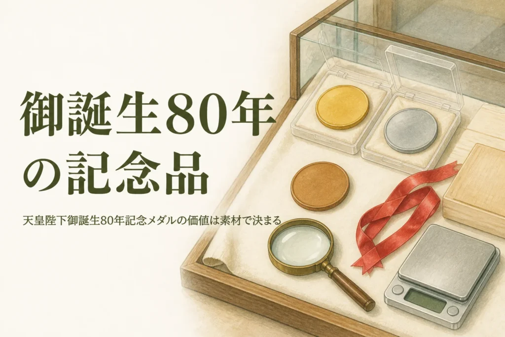 ケースに入った無地の金色と銀色のメダルとルーペのイメージ、「御誕生80年の記念品」の文字
