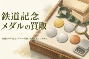 無地の銀色・金色のメダルとはかりのイメージ、「鉄道記念メダルの買取」の文字