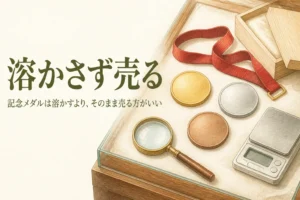 記念メダルを溶かさずに売るアイキャッチ。無地の金色・銀色・銅色のメダルとはかり