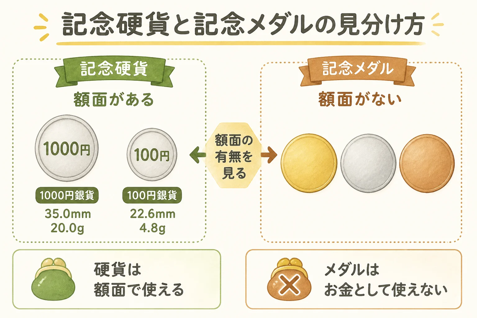 1964年の記念硬貨と記念メダルの見分け方を示した図解