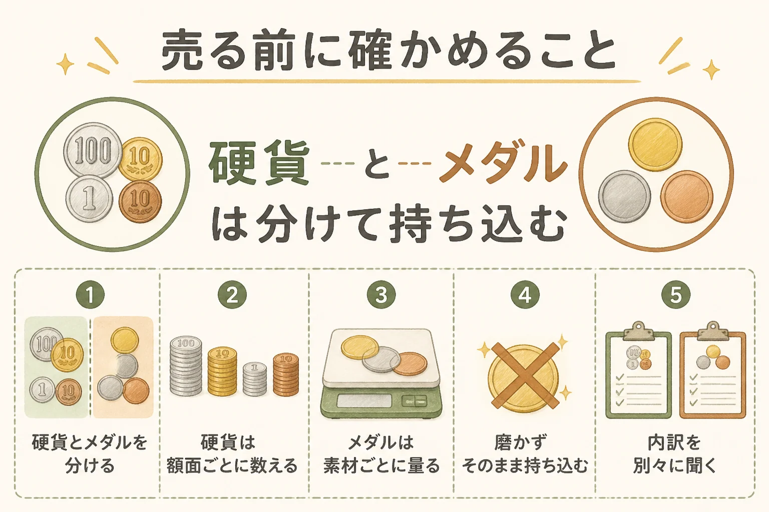 記念硬貨と記念メダルを売る前に確かめることを示した図解