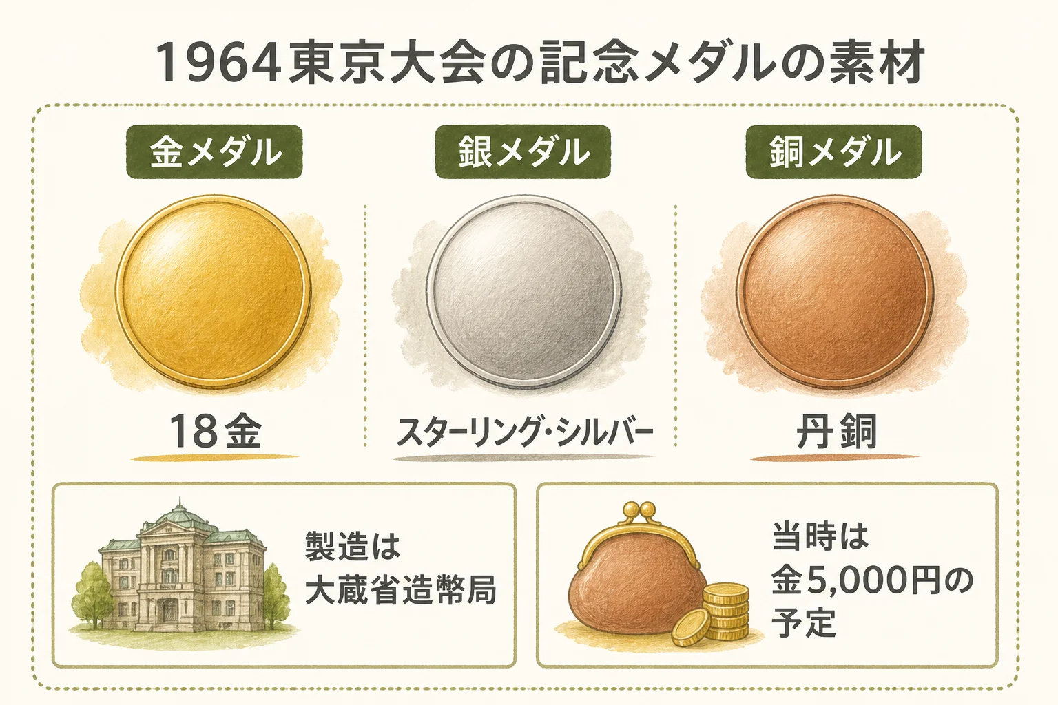 1964東京オリンピック記念メダルの金・銀・銅の素材の違いを示した図解