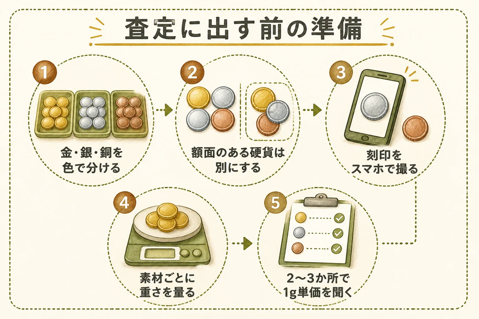 1964東京オリンピック記念メダルの査定に出す前の準備を示した図解