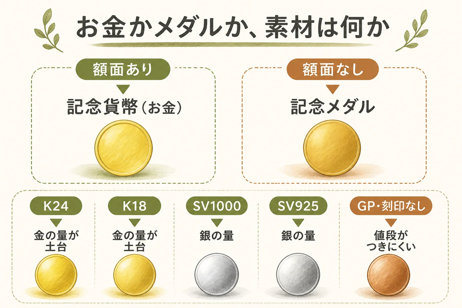 東京2020のメダルが記念貨幣かメダルか、素材は何かを見分ける流れを示した図解