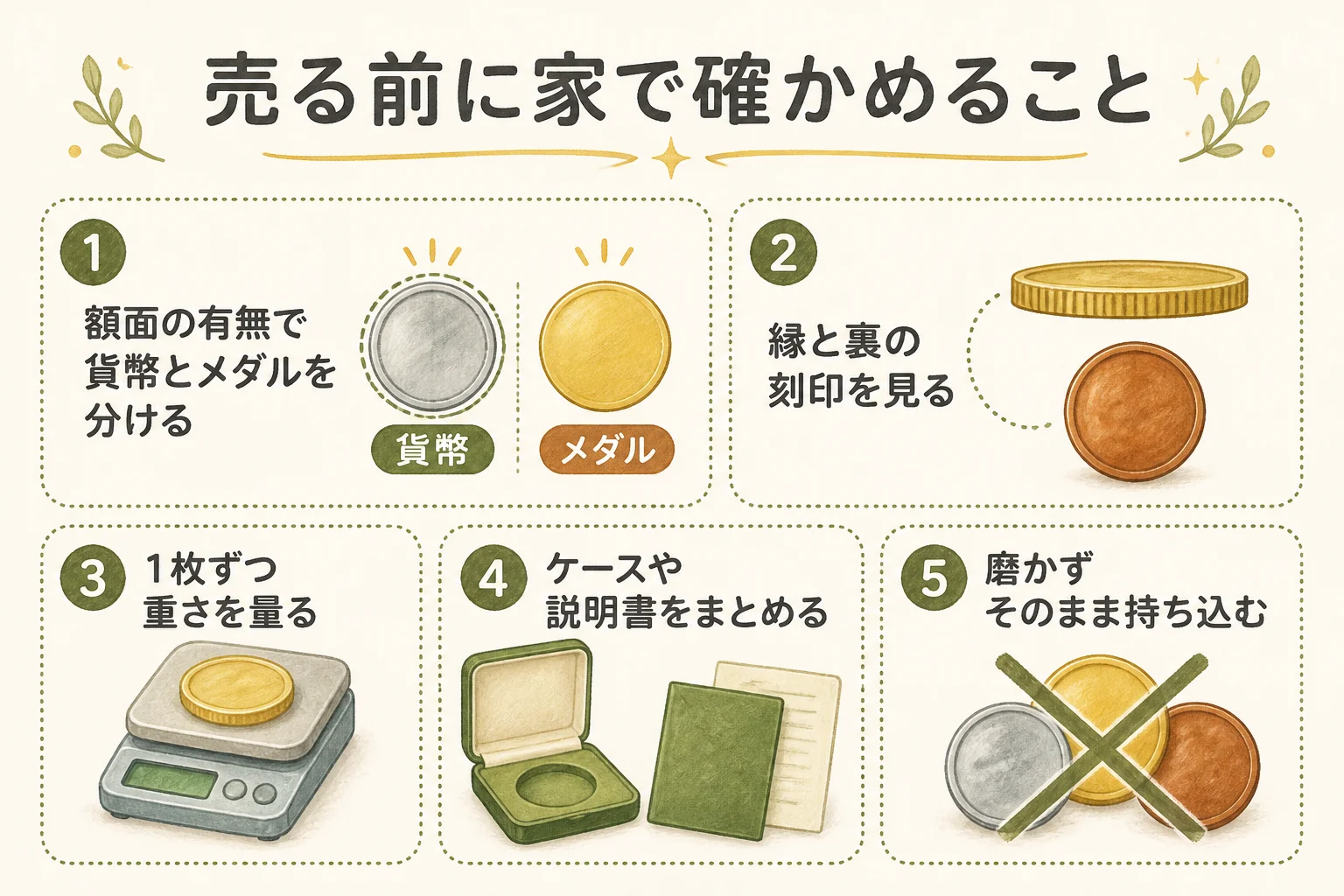東京2020の記念メダルを売る前に家で確かめる手順を示した図解