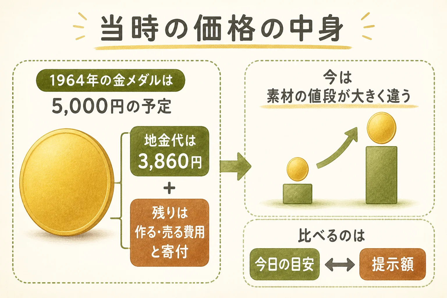 記念メダルの当時の価格と今の素材の値段を比べる図解