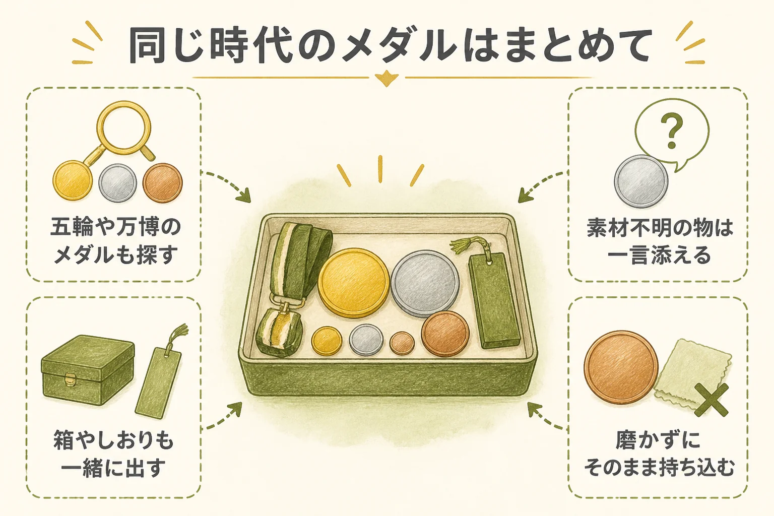 同じ時代の記念メダルをまとめて査定に出すコツの図解