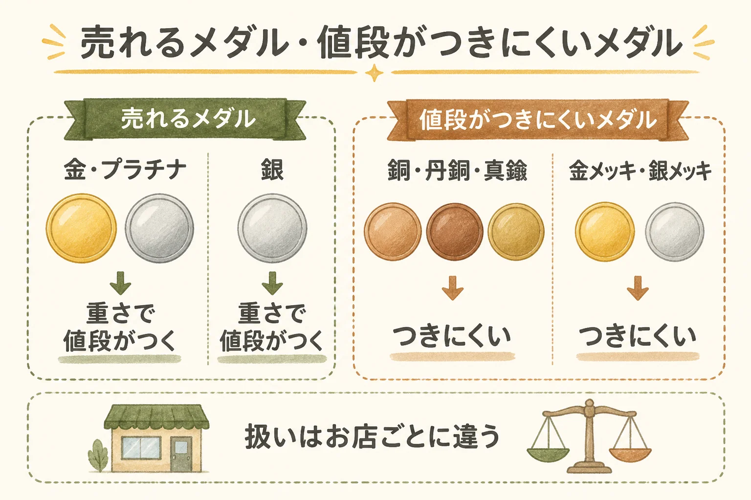 売れやすいメダルと値段がつきにくいメダルを素材別に分けた図解