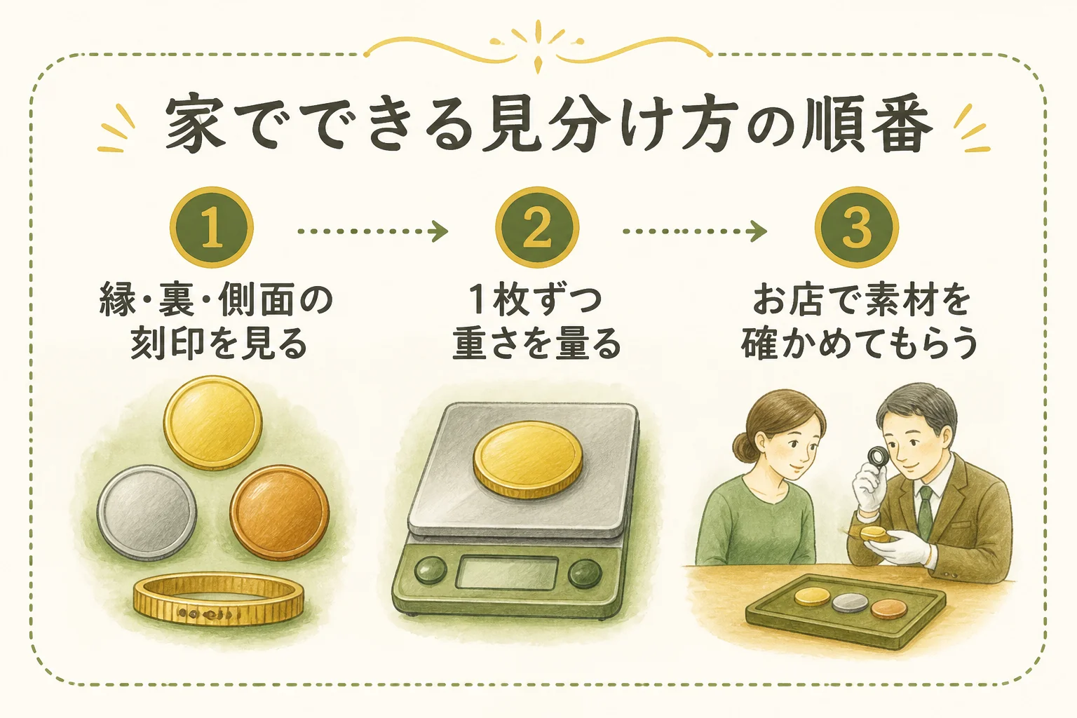 家でメダルを見分ける順番を3段階で示した図解