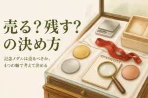 記念メダルを売るか残すかの決め方のアイキャッチ。左右に分けた無地の金色・銀色・銅色のメダル