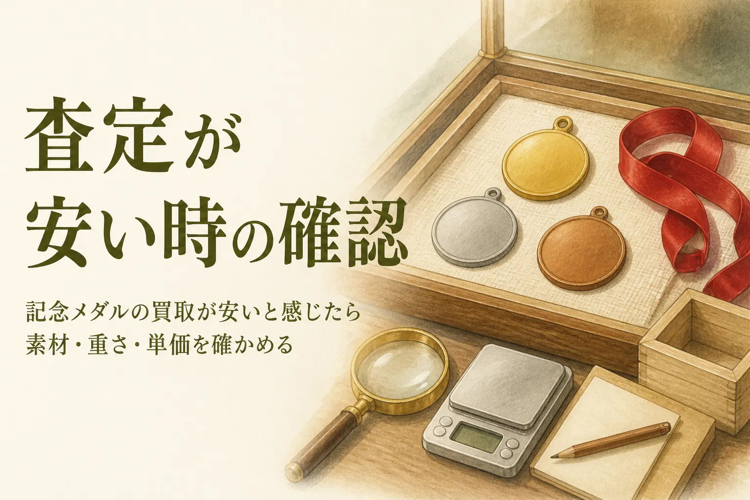 記念メダルの買取が安い時の確認のアイキャッチ。無地の金色・銀色・銅色のメダルとルーペ、はかり