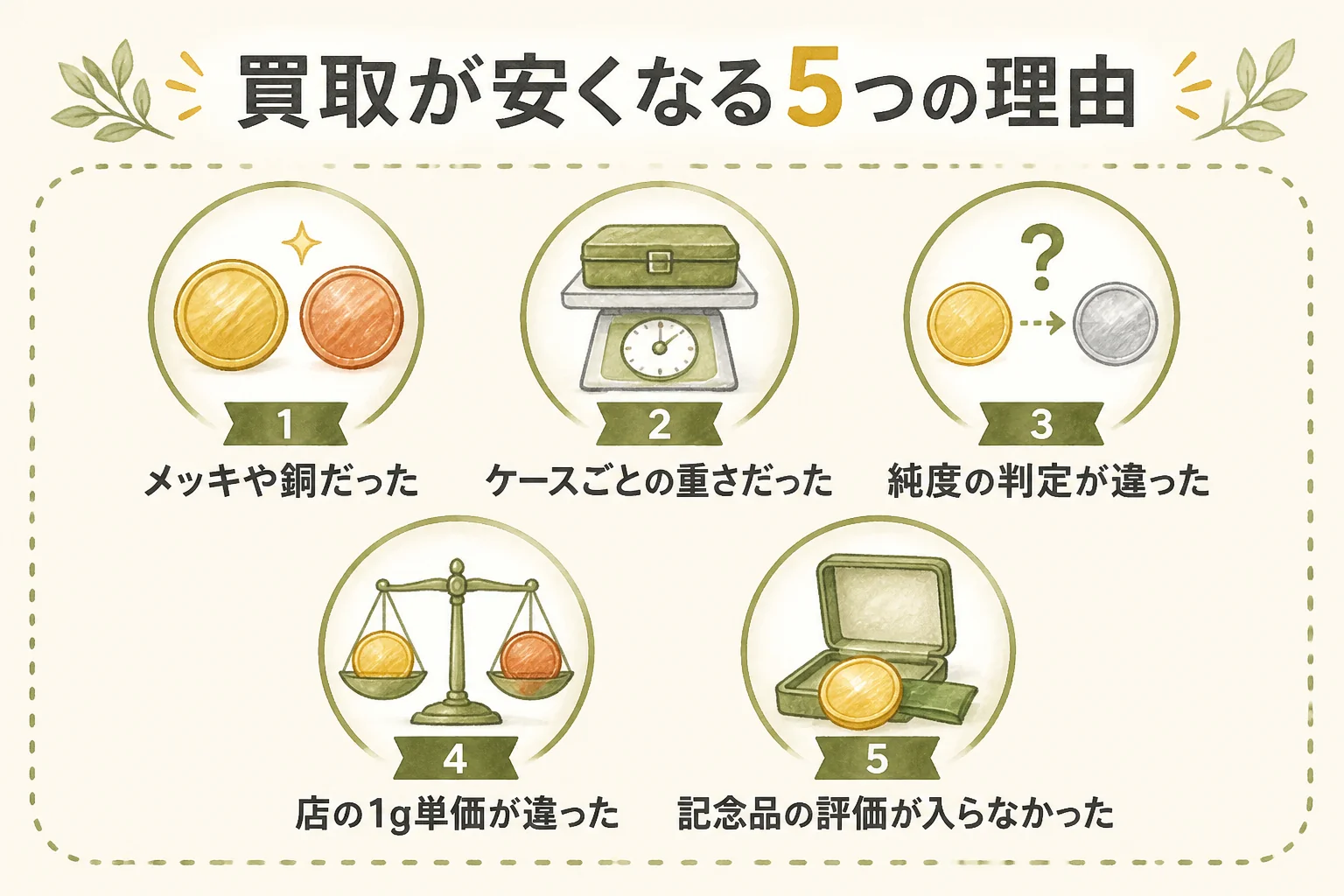 記念メダルの買取が安くなりやすい5つの理由を並べた図解