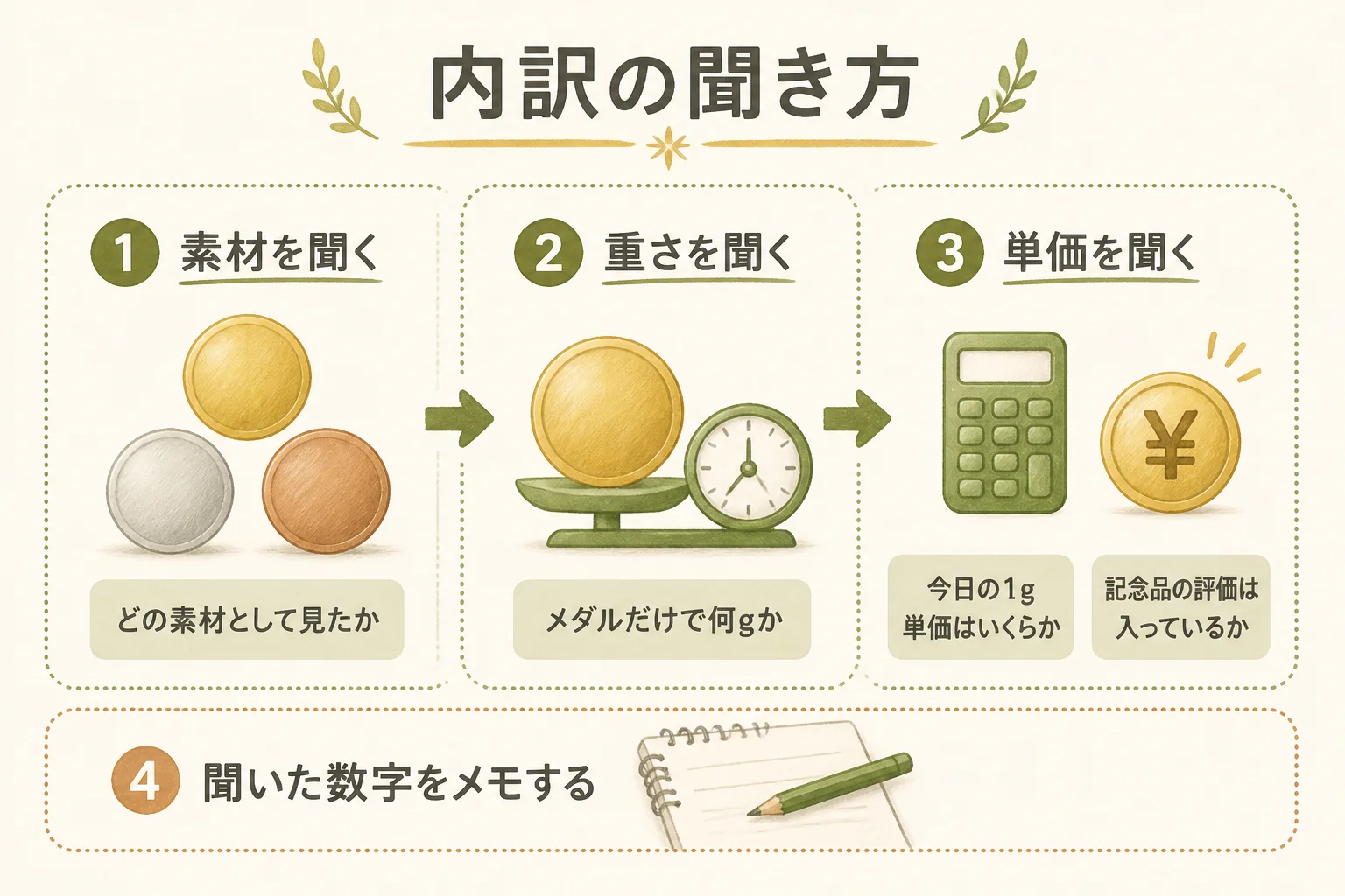 提示額の内訳を聞く時の4つの質問を並べた図解