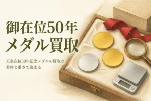 無地の金色・銀色のメダルとルーペ、はかりのイメージ、「御在位50年メダル買取」の文字