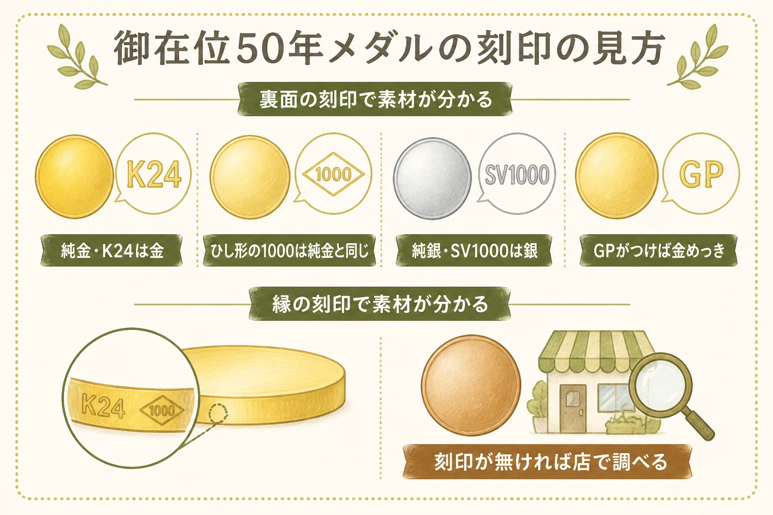 御在位50年記念メダルの刻印の見分け方の図解