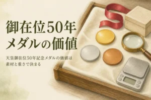 無地の金色・銀色・銅色のメダルとはかりのイメージ、「御在位50年メダルの価値」の文字