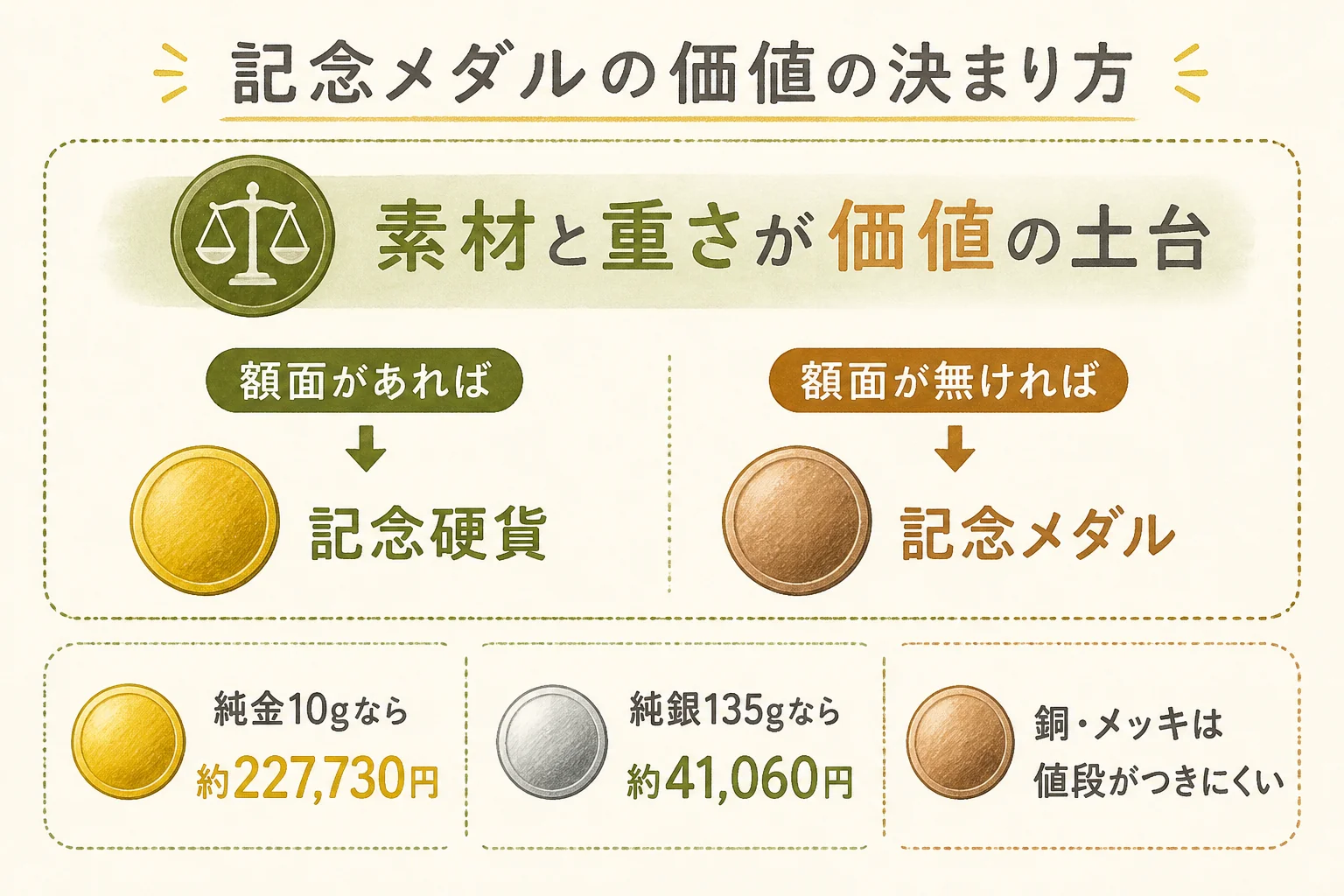 天皇御在位50年記念メダルの価値の決まり方の図解