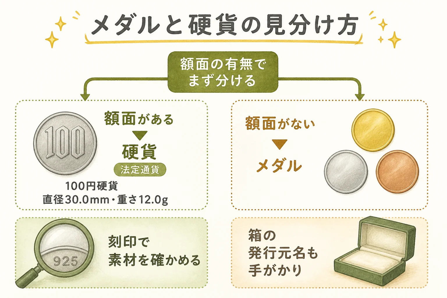 御在位50年記念100円硬貨と記念メダルの見分け方の図解