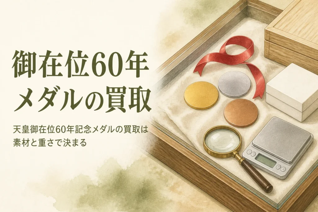 無地の金色・銀色・銅色のメダルとはかりのイメージ、「御在位60年メダルの買取」の文字