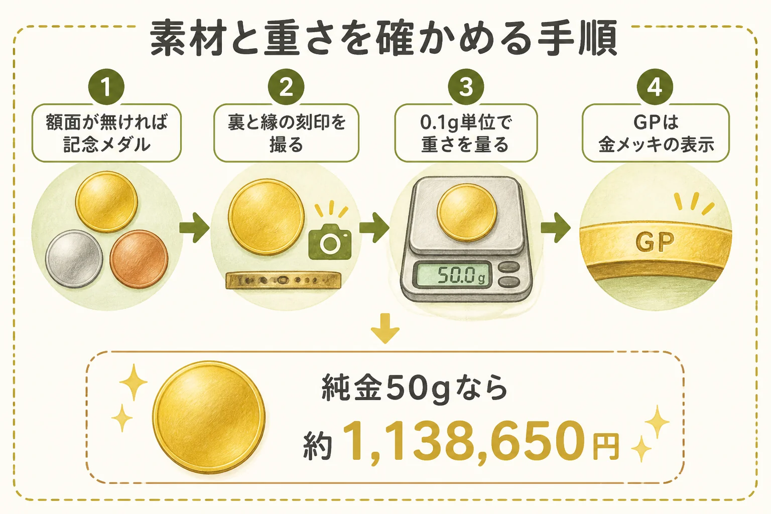 天皇御在位60年記念メダルの素材を確かめる手順の図解