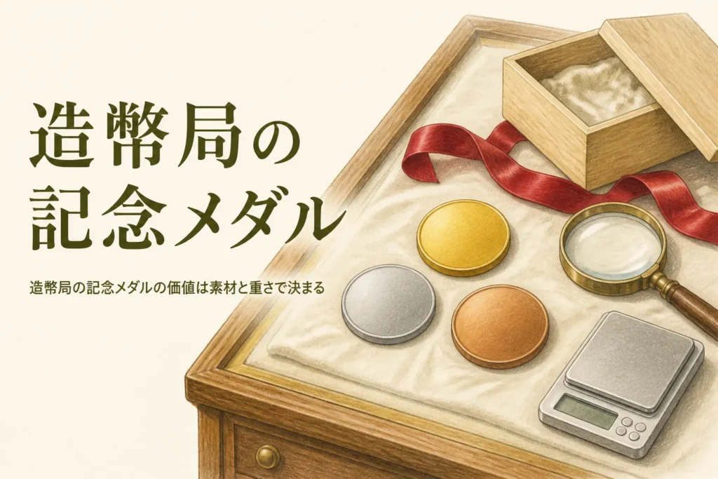 造幣局の記念メダルの価値のアイキャッチ。無地の金色・銀色・銅色のメダルとルーペ、はかり