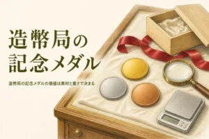 造幣局の記念メダルの価値のアイキャッチ。無地の金色・銀色・銅色のメダルとルーペ、はかり