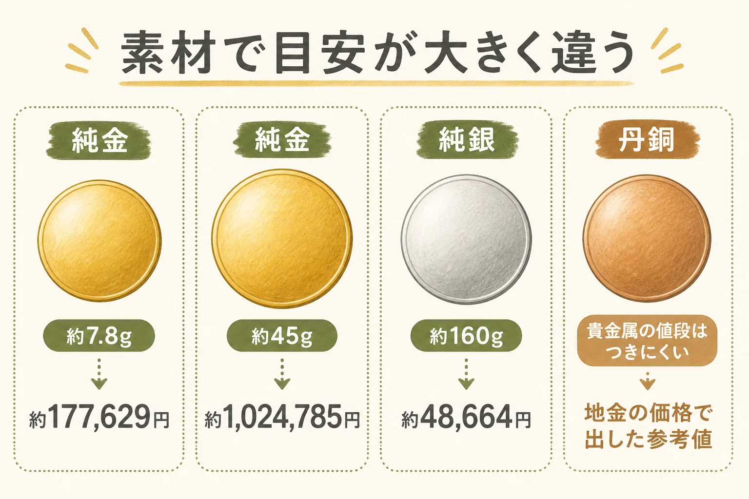 造幣局の記念メダルの素材ごとに値段の目安が違うことを示した図解