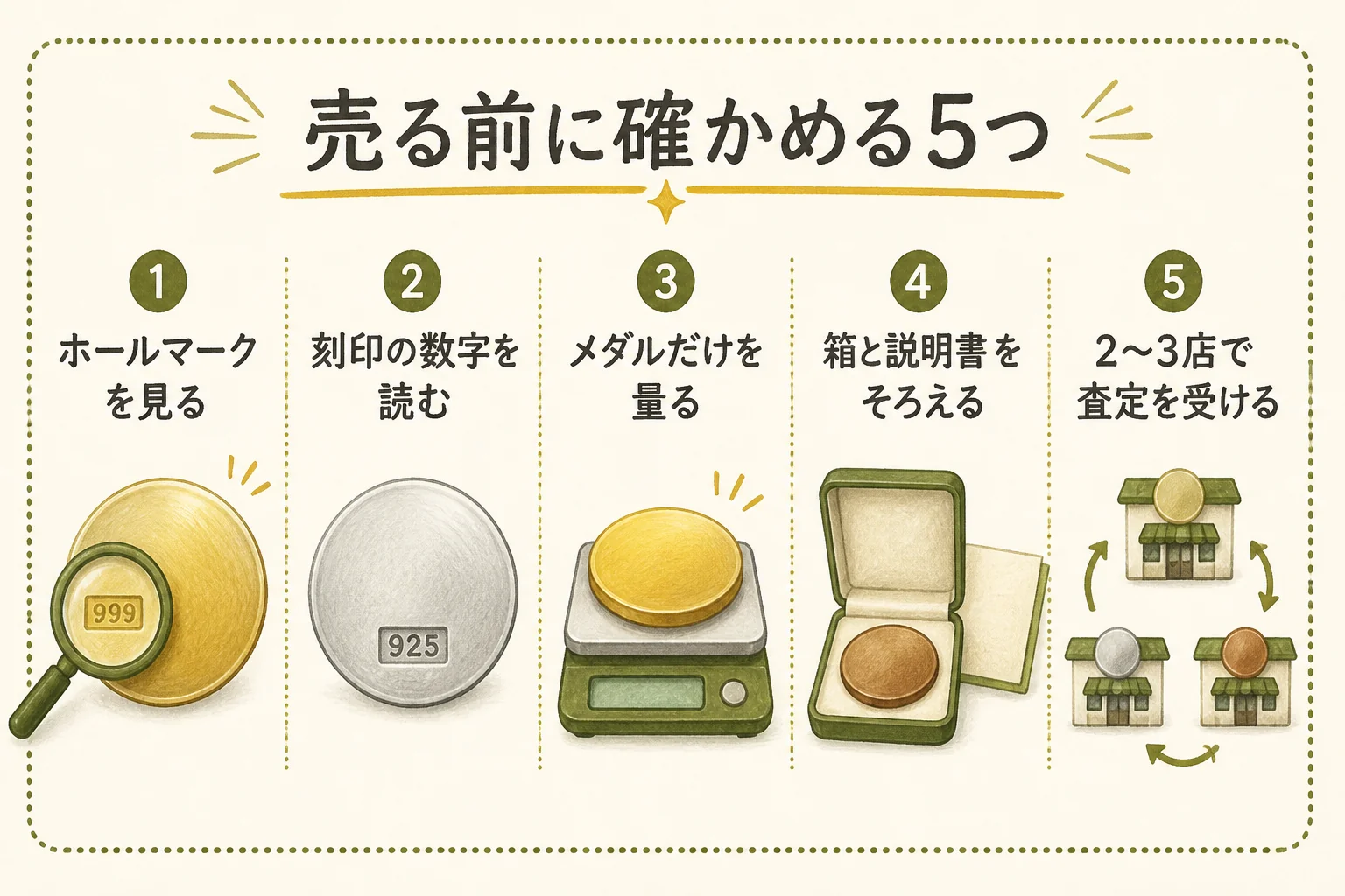 造幣局の記念メダルを売る前に確かめる手順を示した図解