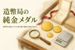 造幣局の純金メダルの買取のアイキャッチ。無地の金色のメダルと化粧ケース、はかり